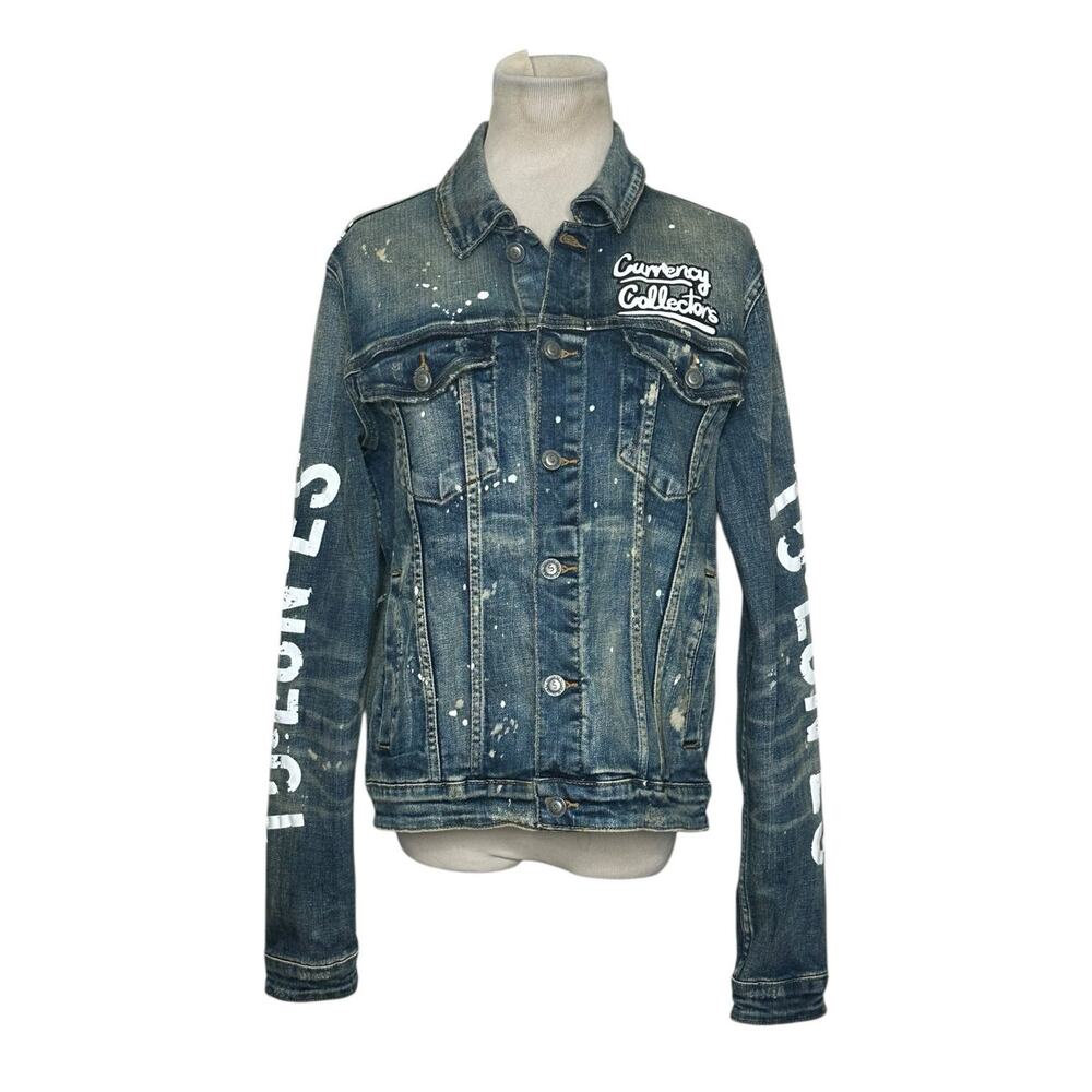 Tulones distressed splash paint stained long sleeves jean jacket size XS